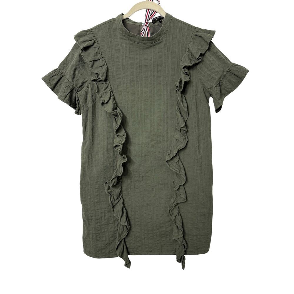 English Factory Dark Green Ruffle Short Sleeve Dress w/ Back Tie Sz Med